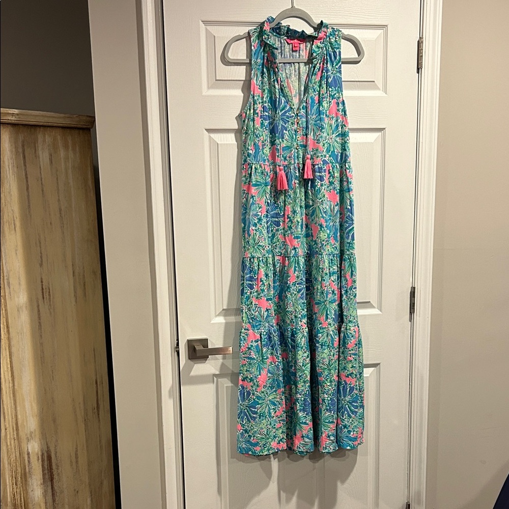 Lilly Pulitzer Tropical Teal & Pink Maxi Dress with Tassel Tiel